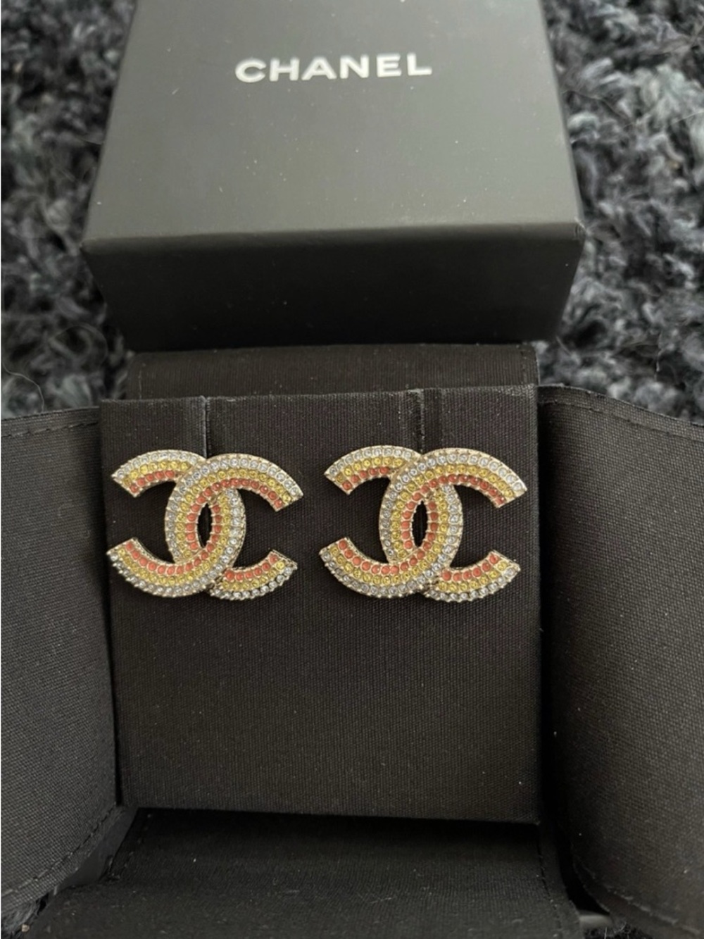 CHANEL Crystal CC Logo Stud Earrings in Yellow and Pink